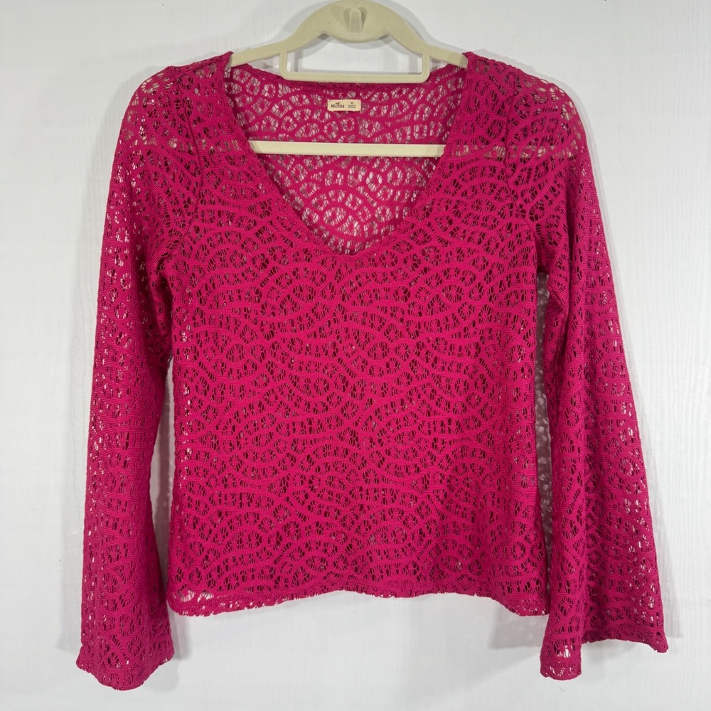 Hollister Boho Y2K Women Crochet Knit Top Bell‎ Sleeve Deep V Neck Sweater Sz XS - Picture 4 of 12